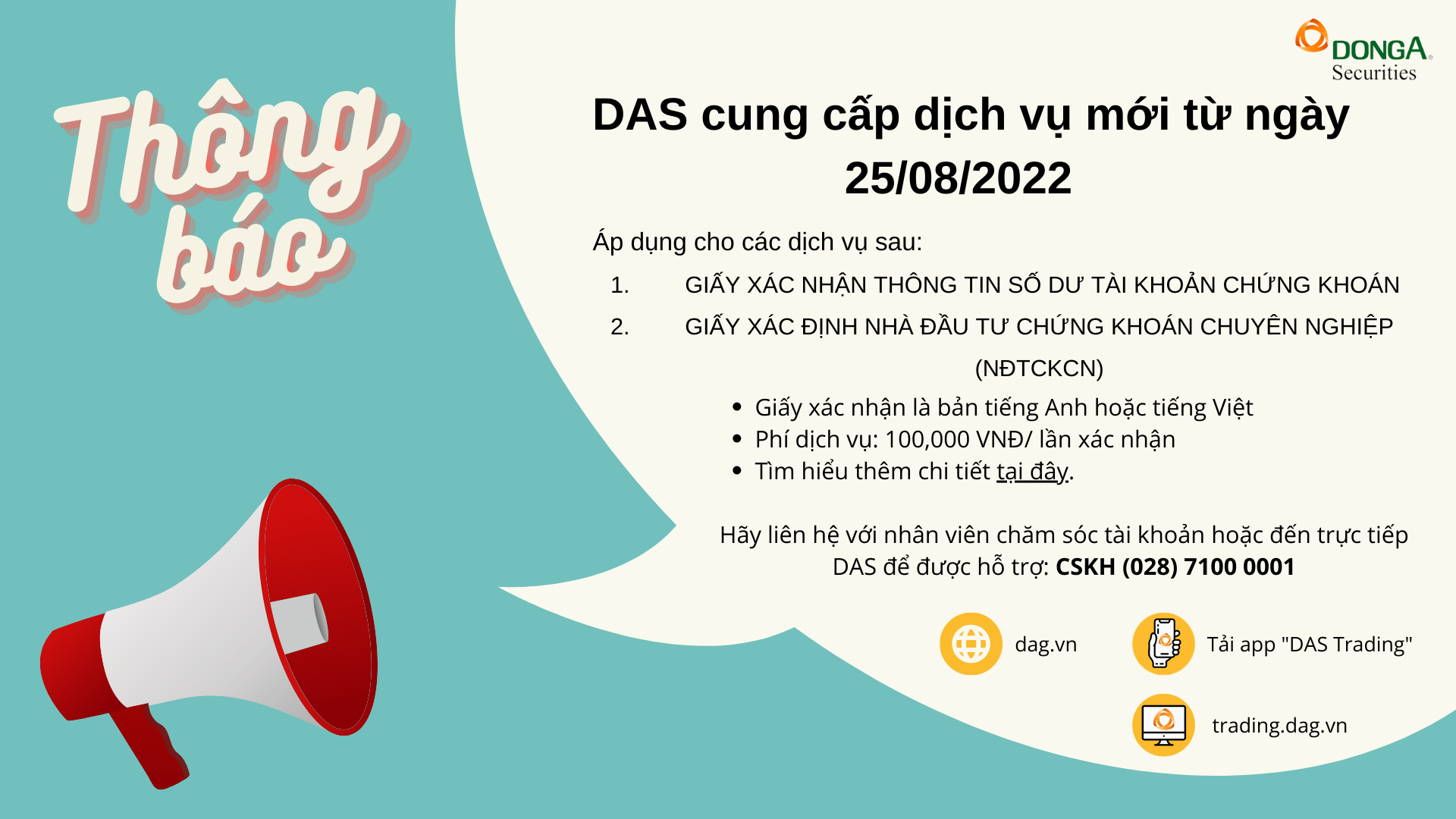 DAS trân trọng thông báo cung cấp dịch vụ mới từ ngày 25/08/2022